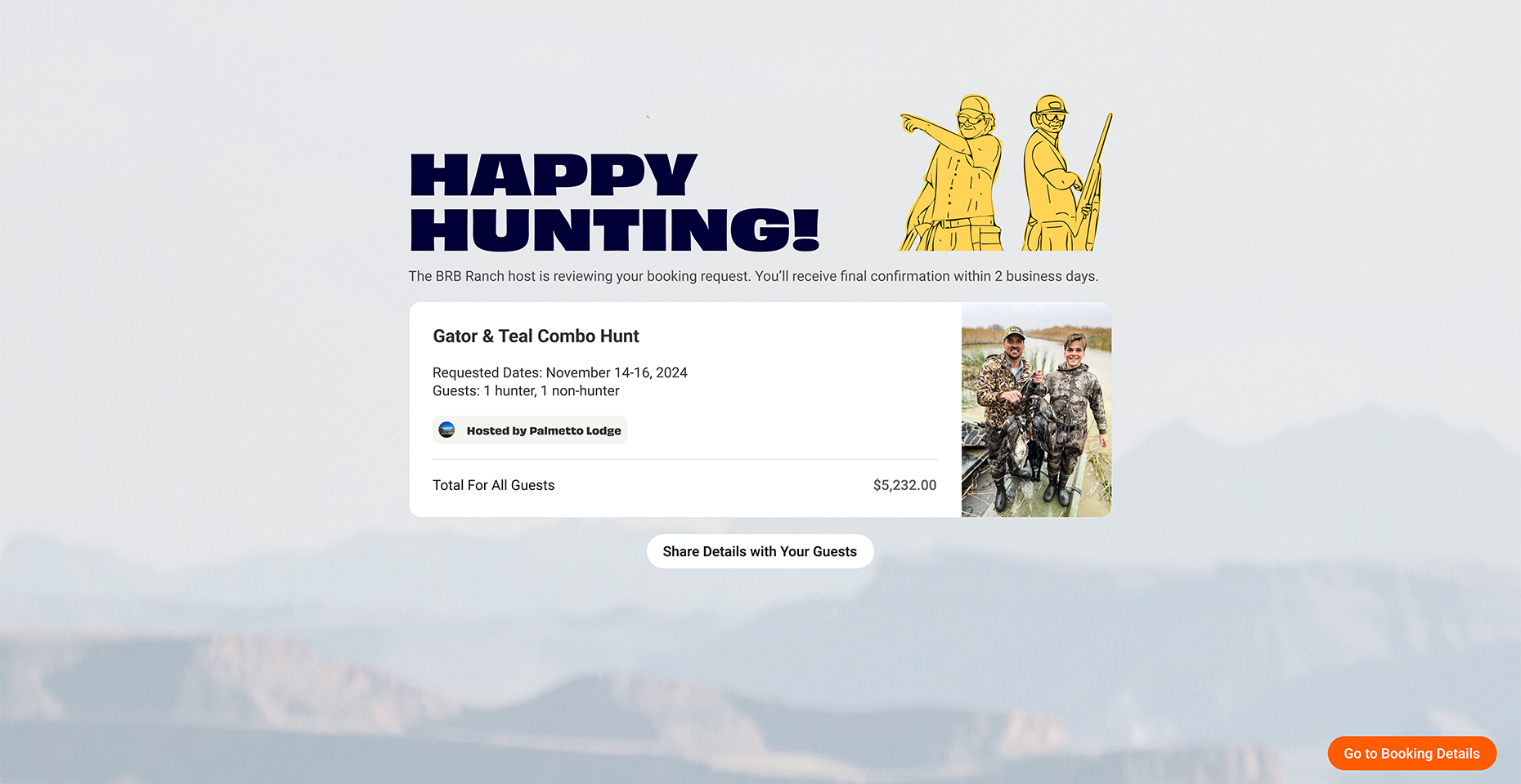 a confirmation showing a happy hunter on a greta hunting experience 