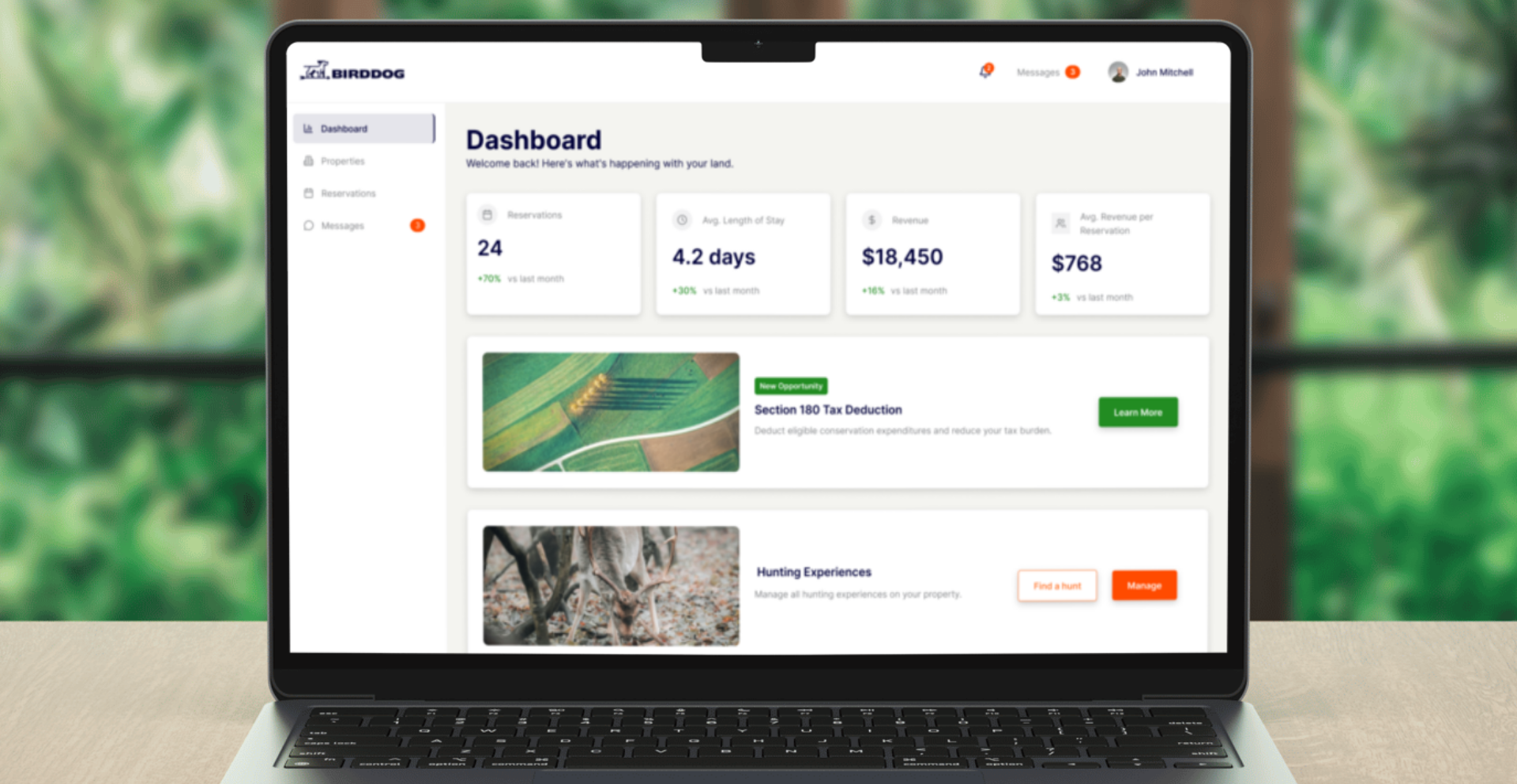 BirdDog marketplace dashboard for outfitters listing hunting and outdoor experiences on private land