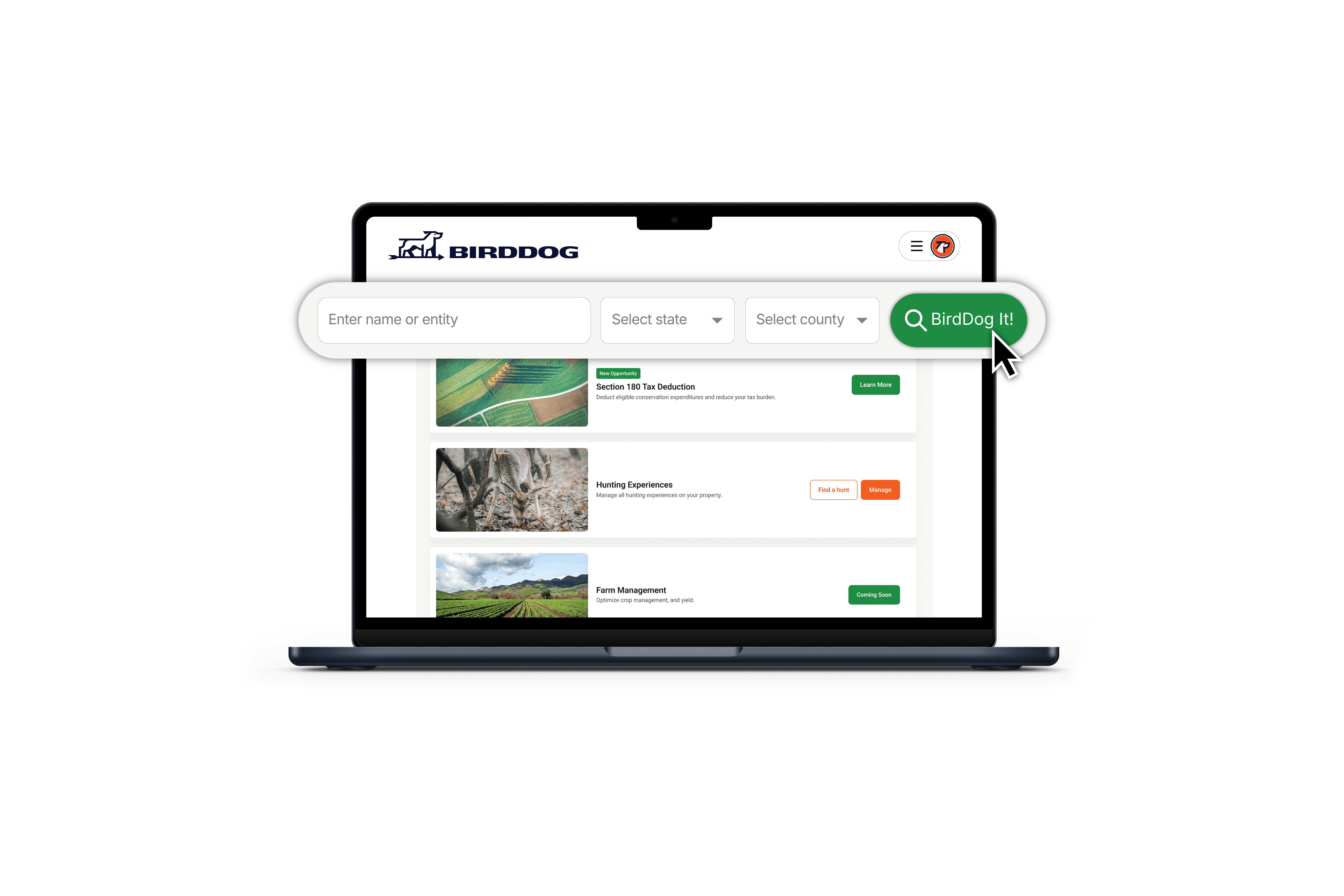 BirdDog Teddy platform desktop view for landowner land management and revenue tracking