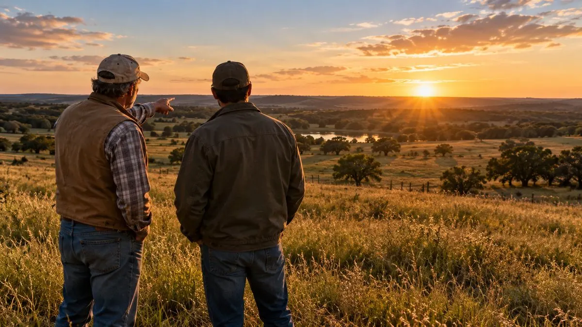 Two men standing in tall grass looking out over ranch land at sunset