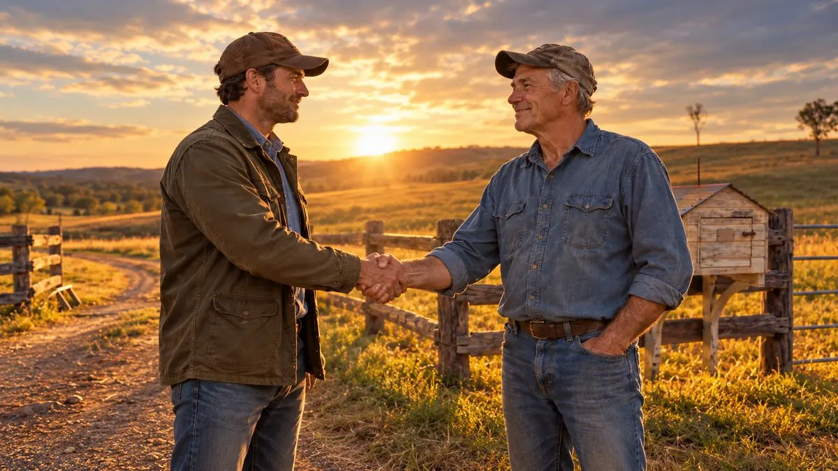 Two men shaking hands at a ranch gate at sunset